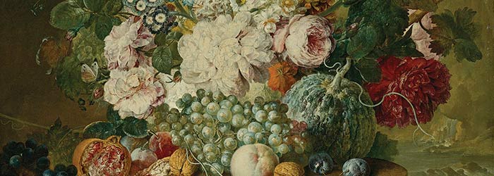 ₴ Репродукция цветочный натюрморт "Пионы, примулы, ирисы, тюльпаны, маки и другие цветы с виноградом, дыня, яблоко, персики, сливы и орехи, все на резном каменном выступе, с пейзажем водопада" - Линтхорст Якоб